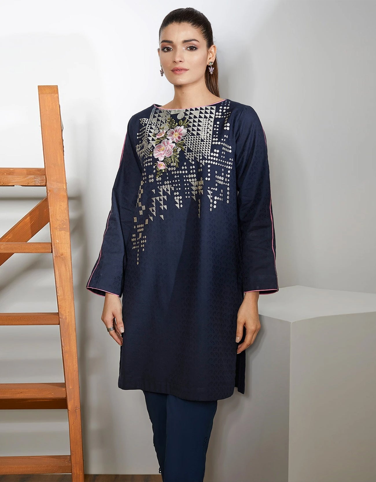 Al Karam Dyed Embroidered Jacquard Kurti Blue Begum Saab